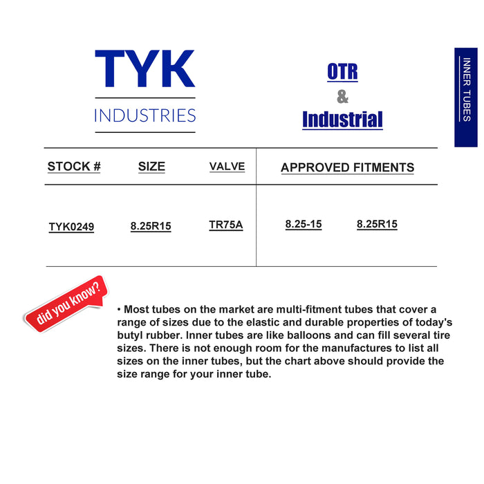 8.25R15, 8.25-15 LPT Platform Trailer Tire Inner Tube with a TR75A Valve Stem for Bias or Radial Tires by TYK Industries