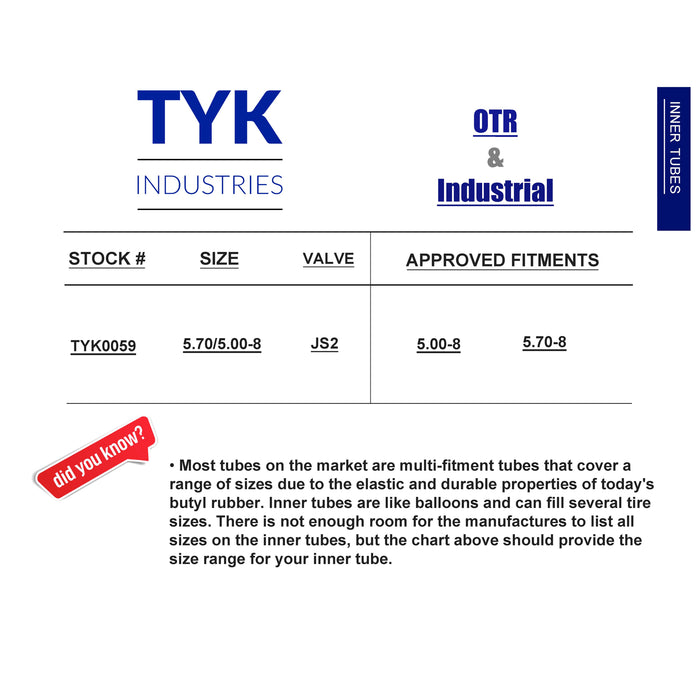 5.70/5.00-8, 5.70-8, 5.00-8 Forklift and Cart Tire Inner Tube with a JS2 Bent Metal Valve Stem by TYK Industries