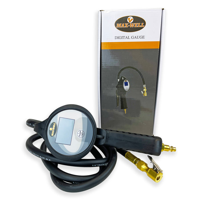 Max-Well Digital Tire Inflation Gauge with 6 Foot Hose and Clip On Air Chuck
