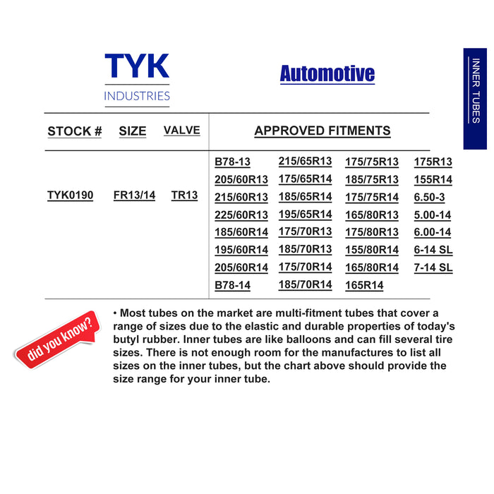 TYK Industries FR13/14 Radial Passenger Car Tire Inner Tube with a TR13 Valve Stem