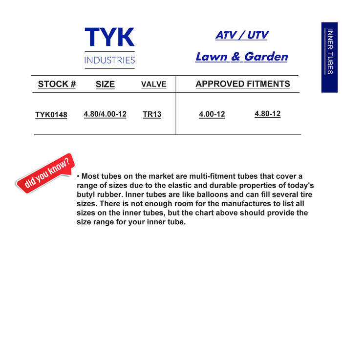TYK 4.80/4.00-12 4.00-12 4.80-12 Boat Trailer Tire Inner Tube with a TR13 Valve Stem