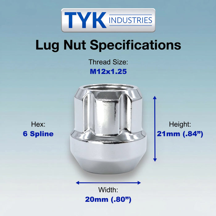 Chrome Open End Lug Wheel Lock Nuts - with 6 Spline Tuner, 6 Spline Key - Fits Many Nissan, Infiniti