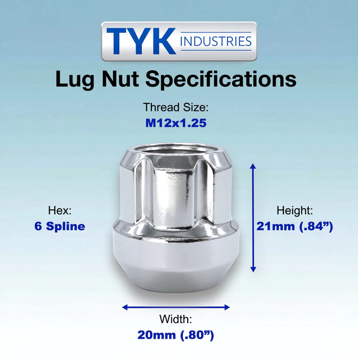 Chrome 12x1.5 Open End Lug Wheel Lock Nuts - 6 Spline Tuner with Key - Fits Many Honda, Acura, Ford, Chevrolet, Toyota
