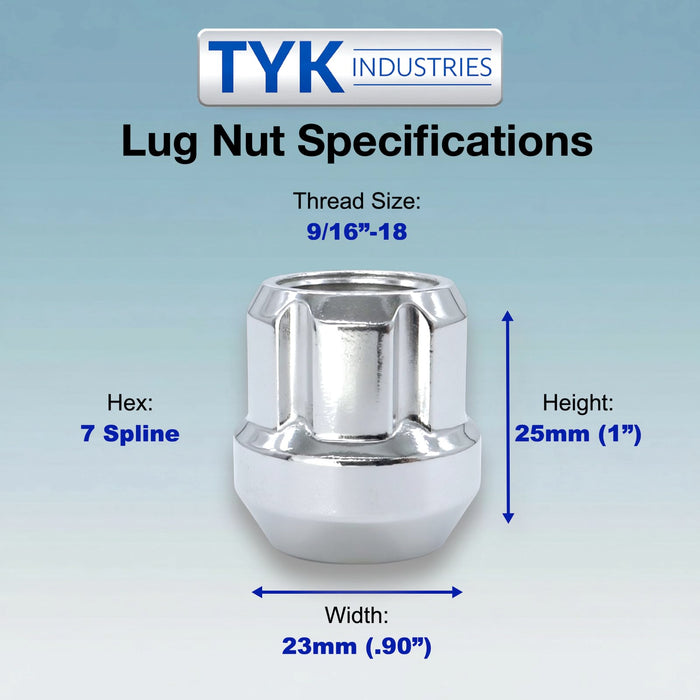 Chrome 9/16 Open End Lug Wheel Lock Nuts - 7 Spline Truck Wheel Lug Nuts with Key - Fits Many Ford F250, F350, Ram 1500, 2500, 3500
