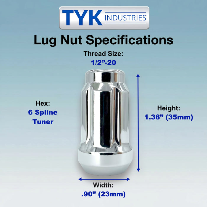 Black 1/2 Wheel Lock Tuner Lug Nuts - 6 Spline - 1.38 Inch Tall - with Key - Fits Many Dodge, Durango, Ford, Mustang