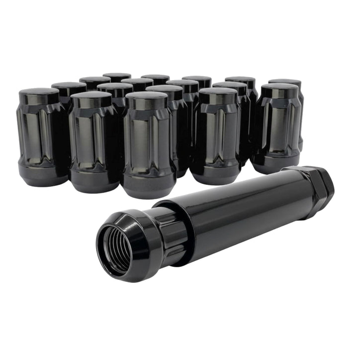 Black 1/2 Wheel Lock Tuner Lug Nuts - 6 Spline - 1.38 Inch Tall - with Key - Fits Many Dodge, Durango, Ford, Mustang
