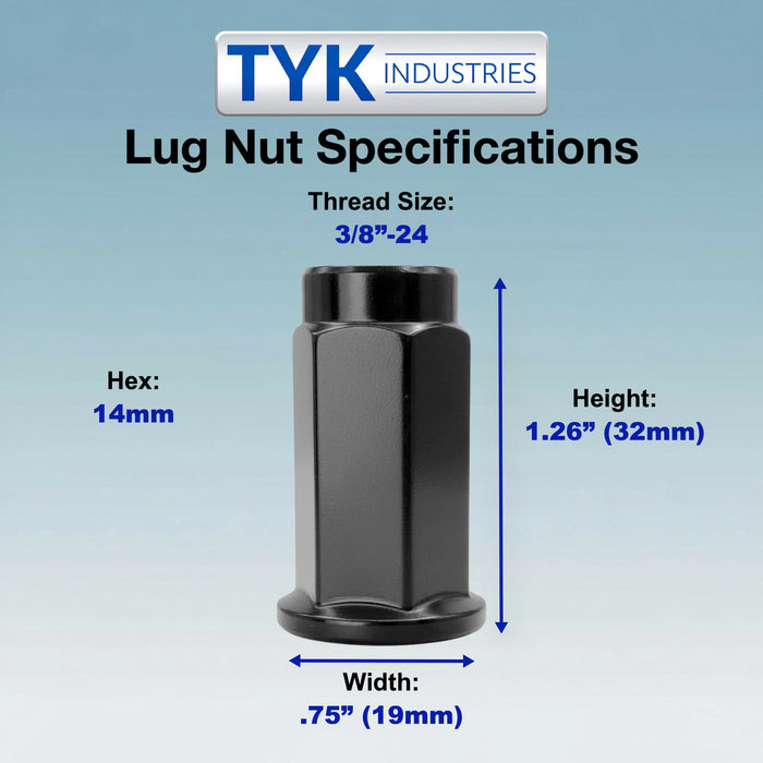 3/8 Thread Flat Base Lug Nut Set - 14mm Hex - 1.26 Inch Tall - Fits Many Polaris ATV, UTV Wheels