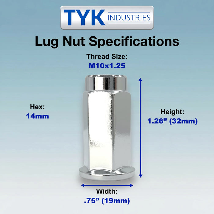 10x1.25 Flat Base Lug Nut Set - 14mm Hex - 1.25 Inch Tall - Fits Many ATV UTV Kodiak, Banshee, Rapto,r Honda, Yamaha, Suzuki ATV UTV Wheels
