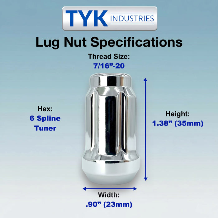 7/16 Wheel Lock Tuner Lug Nuts - 6 Spline - 1.38 Inch Tall - with Key - Fits Many Buick, Chevrolet, Pontiac, Oldsmobile
