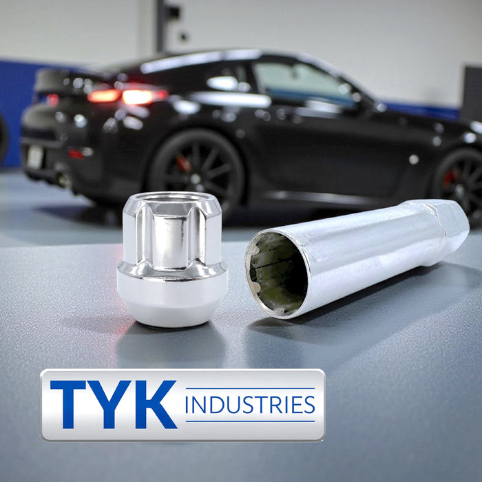 Chrome Open End Lug Wheel Lock Nuts - with 6 Spline Tuner, 6 Spline Key - Fits Many Nissan, Infiniti