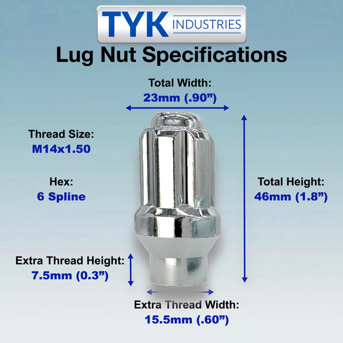 Chrome 14x1.50 Extra Thread Wheel Lock Nuts with 6 Spline Truck Wheel Lug Nut Key - Fits Many Chevrolet, GMC, Ram, Toyota