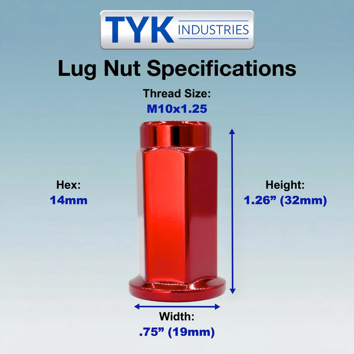 10x1.25 Flat Base Lug Nut Set - 14mm Hex - 1.25 Inch Tall - Fits Many ATV UTV Kodiak, Banshee, Rapto,r Honda, Yamaha, Suzuki ATV UTV Wheels