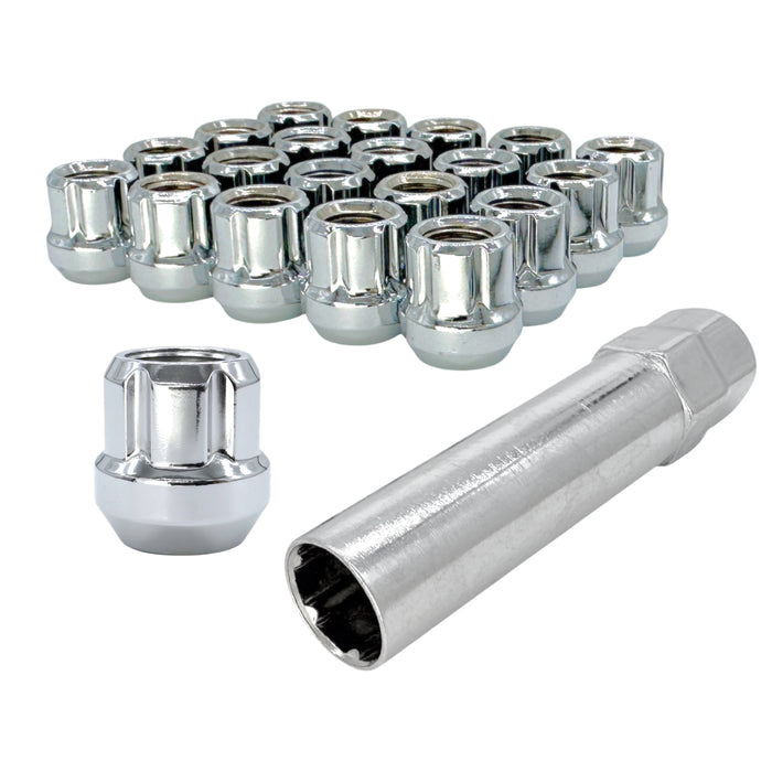 20 Chrome 7/16 Open End Lug Wheel Lock Nuts - 6 Spline Tuner Wheel Lug Nuts with 6 Spline Key - Fits Many Chevrolet, Pontiac, Oldsmobile
