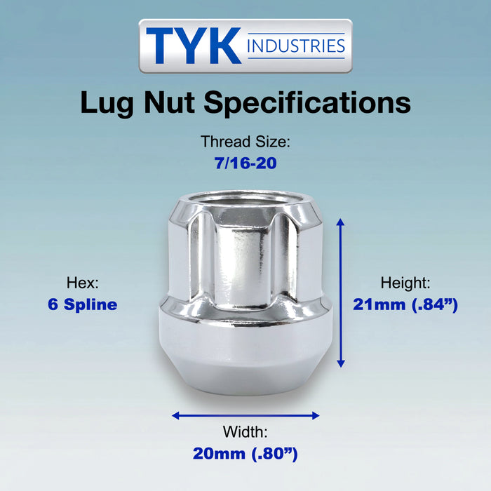 20 Chrome 7/16 Open End Lug Wheel Lock Nuts - 6 Spline Tuner Wheel Lug Nuts with 6 Spline Key - Fits Many Chevrolet, Pontiac, Oldsmobile
