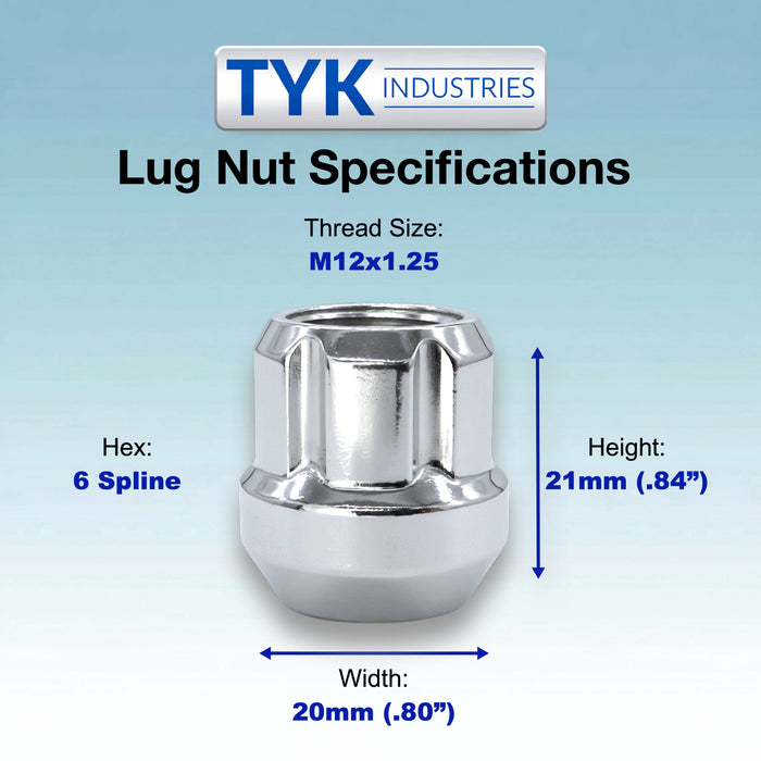 Chrome 12x1.5 Open End Lug Wheel Lock Nuts - 6 Spline Tuner with Key - Fits Many Honda, Acura, Ford, Chevrolet, Toyota