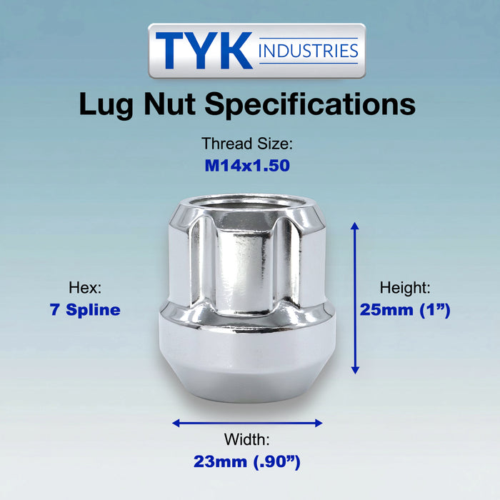 Chrome 14x1.50 Open End Lug Wheel Lock Nuts - 7 Spline Truck Wheel Lug Nuts with Key - Fits Many Chevrolet, Ford, GMC, Jeep, Ram