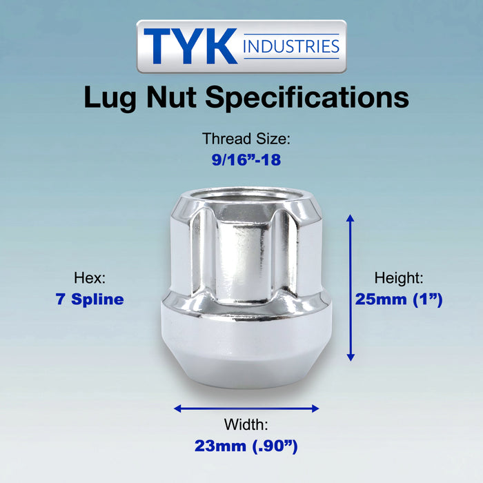 Chrome 9/16 Open End Lug Wheel Lock Nuts - 7 Spline Truck Wheel Lug Nuts with Key - Fits Many Ford F250, F350, Ram 1500, 2500, 3500
