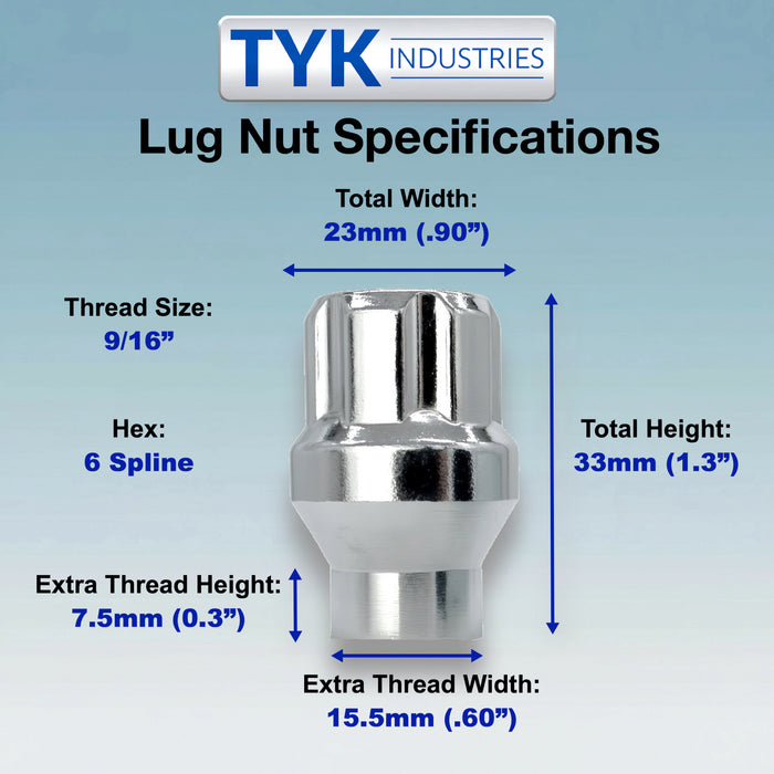 Chrome 9/16 Extra Thread Open End Wheel Lock Nuts with 6 Spline Truck Wheel Lug Nut Key - Fits Many Dodge, Ram, Chrysler - Avabilable in Various Quantities