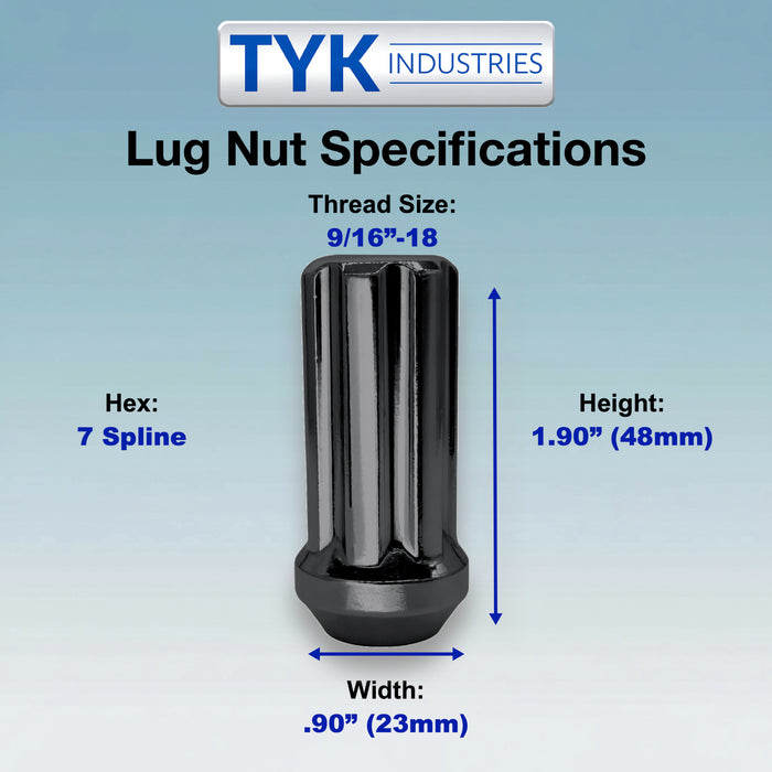 9/16 XL Long 7 Spline Wheel Lug Nuts - 1.9 Inch Tall - Bulge Acorn with Key - Fits Many Dodge, Ford, GMC, Mitsubishi Raider