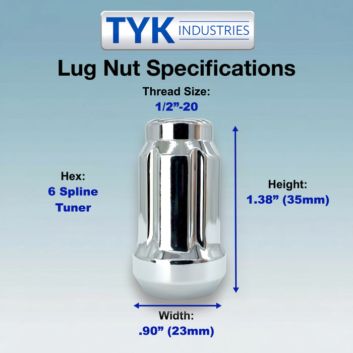 Black 1/2 Wheel Lock Tuner Lug Nuts - 6 Spline - 1.38 Inch Tall - with Key - Fits Many Dodge, Durango, Ford, Mustang