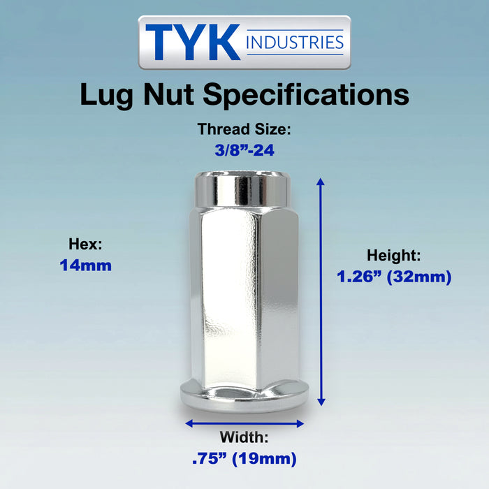 3/8 Thread Flat Base Lug Nut Set - 14mm Hex - 1.26 Inch Tall - Fits Many Polaris ATV, UTV Wheels