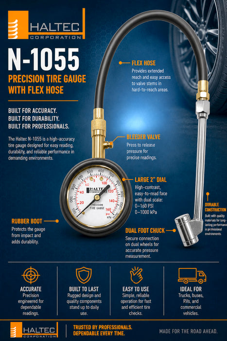 Haltec N-1055 12 inch Standard Bore Analog Air Gauge - GA-289 Gauge with CH-335 Dual Foot Air Chuck