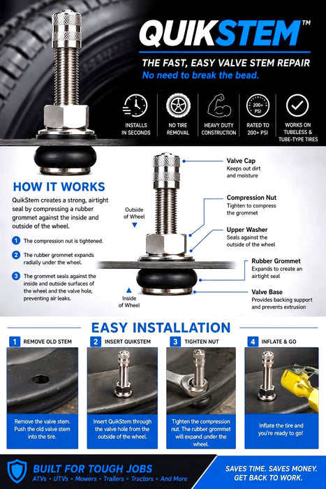 2 Pack - Haltec QS-500 Quikstem 2 inch Straight Push Through Brass Valve Stems for OTR and Farm Tire .625 inch Valve Stem Holes. For Quick Stem Emergency Valve Stem Replacements.