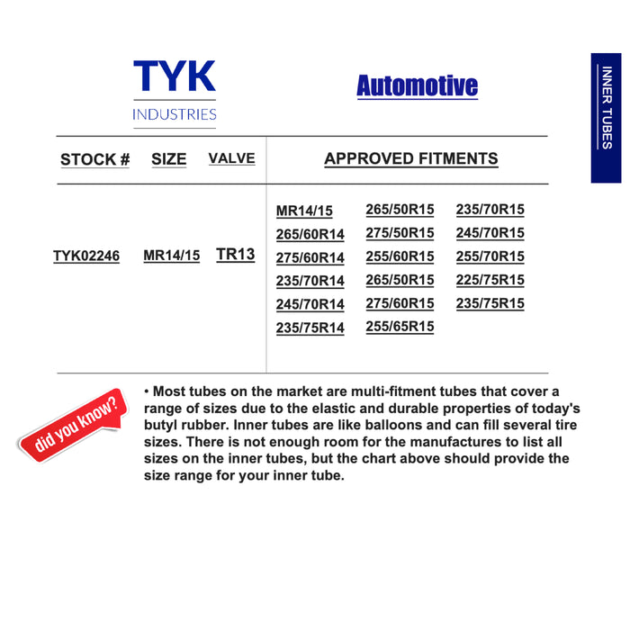 MR14/15 Radial Tire Inner Tube - 14 inch, 15 inch Inner Tube by TYK In ...