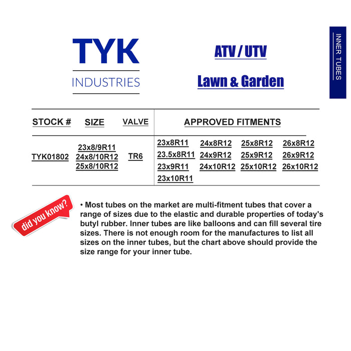 TYK 23x8R11, 23.5x8R11, 23x9R11, 23x10R11 ATV UTV Inner Tube with TR6 Valve Stem