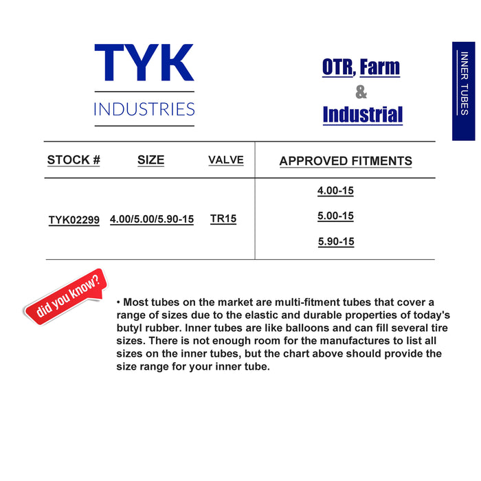4.00-15, 5.00-15, 5.90-15 Tri Rib Farm Implement Tractor Tire Inner Tube with a TR15 Valve Stem by TYK Industries