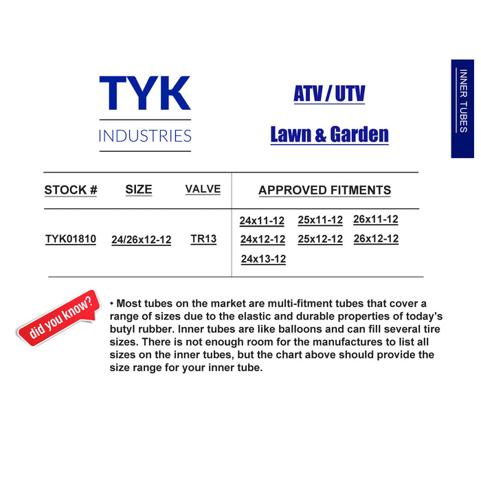 TYK 24x12-12, 24x12.00-12 ATV Industrial Tire Inner Tube with a TR13 Valve Stem