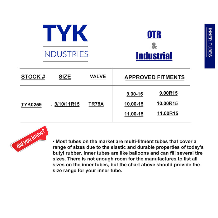 9.00-15, 10.00-15, 11.00-15 LPT Platform Trailer Tire Inner Tube with a TR78A Valve Stem for Bias or Radial Tires by TYK Industries
