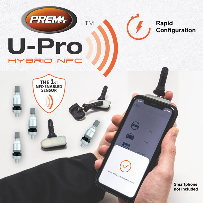 PREMA U-Pro Hybrid NFC TPMS Sensor with Rubber Snap In and Aluminum Clamp In Valve Stems | Universal for Any Vehicle | Programs with Free Smart Phone App!