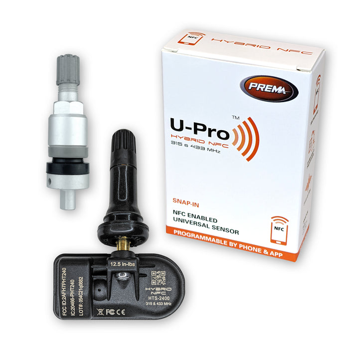 Set of 12 PREMA U-Pro Hybrid NFC TPMS Sensors with Rubber Snap In and Aluminum Clamp In Valve Stems | Universal for Any Vehicle | Programs with Free Smart Phone App!