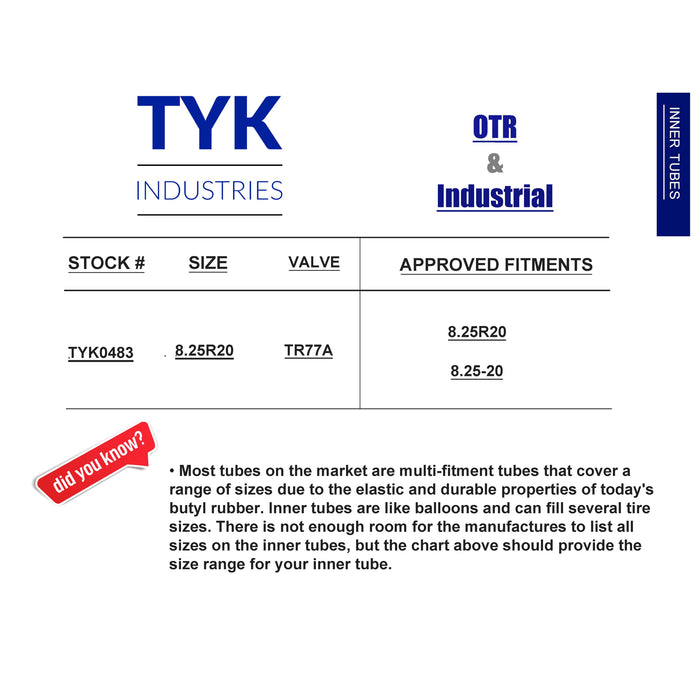 8.25R20, 8.25-20 Commercial Truck Tire Inner Tube with a TR77A Valve Stem for Bias or Radial Tires by TYK Industries