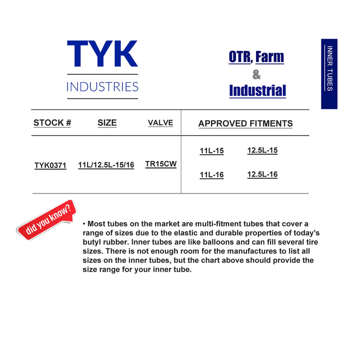15inch/16inch 11L-15, 11L-16, 12.5L-16 Farm Tractor Implement Tire Inner Tube with a TR15CW Valve Stem for Use with Air or Liquid by TYK Industries