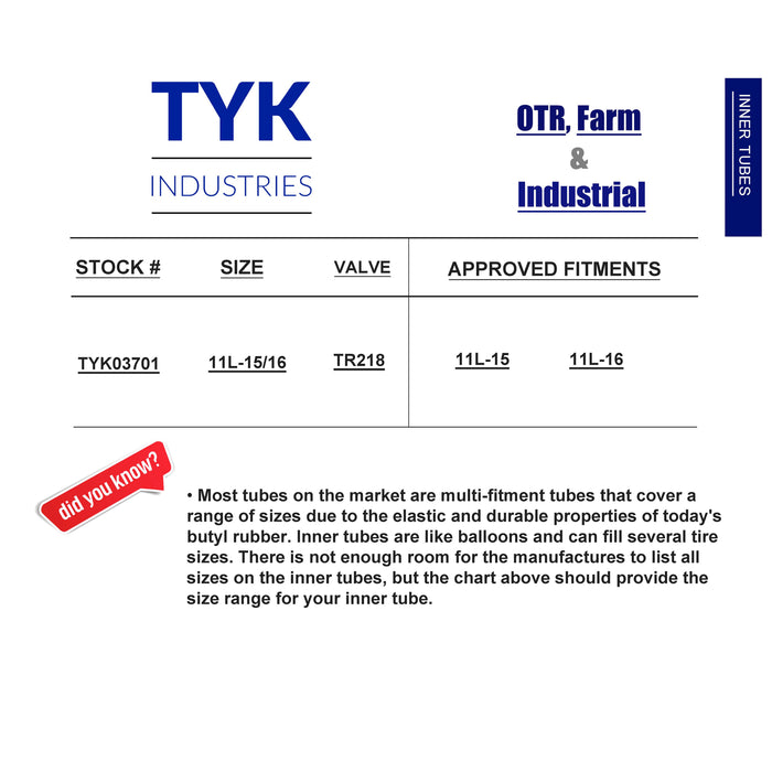 15inch/16inch 11L-15, 11L-16 Farm Tractor Implement Tire Inner Tube with a TR218 Valve Stem for Use with Air or Liquid by TYK Industries