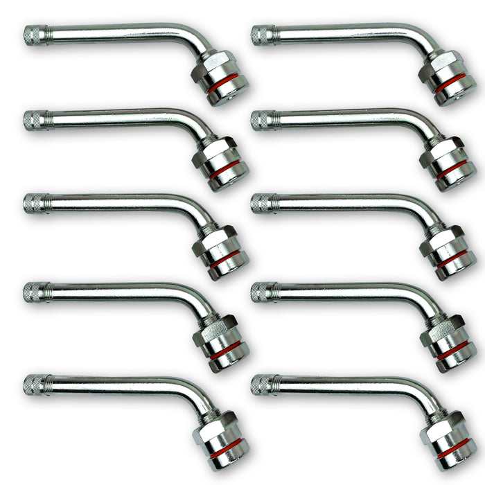 Ten TR547D 60 Degree Bend O-ring 4.7 inchValve Stems. Nickel Plated Brass Clamp-in Valve Stems designed for 22.5 and 24.5 Alcoa Truck and Bus Wheels with 9.7mm (.389 inch) Valve Holes. TV-547D Haltec Valve Stems.