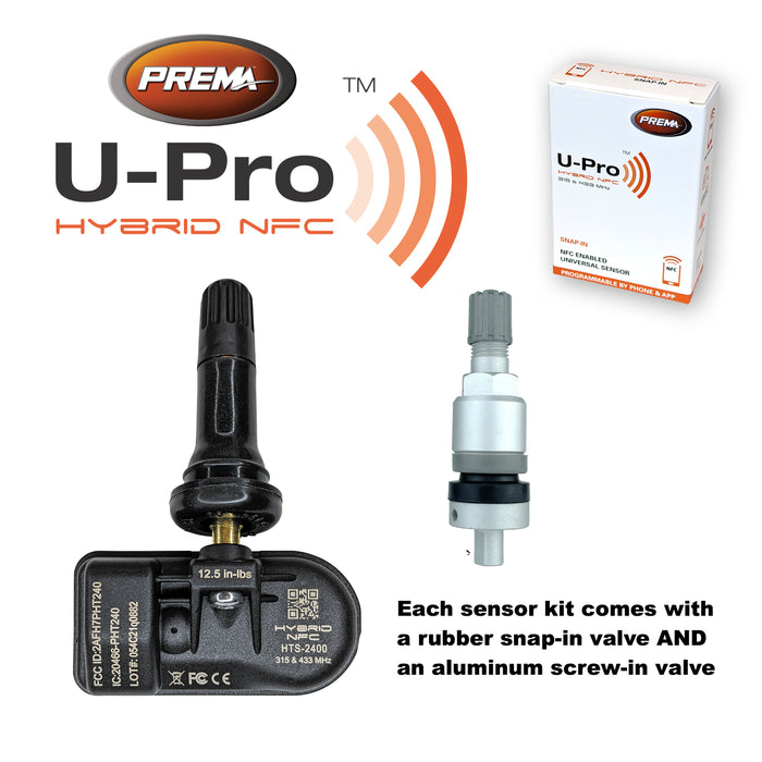 Set of 12 PREMA U-Pro Hybrid NFC TPMS Sensors with Rubber Snap In and Aluminum Clamp In Valve Stems | Universal for Any Vehicle | Programs with Free Smart Phone App!