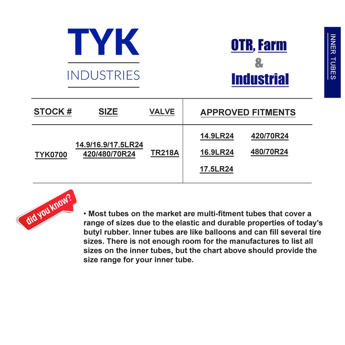 14.9-24, 16.9-24, 480/65R24 Tractor Tire Inner Tube with a TR218A Valve Stem for use in Radial or Bias Tires by TYK Industries