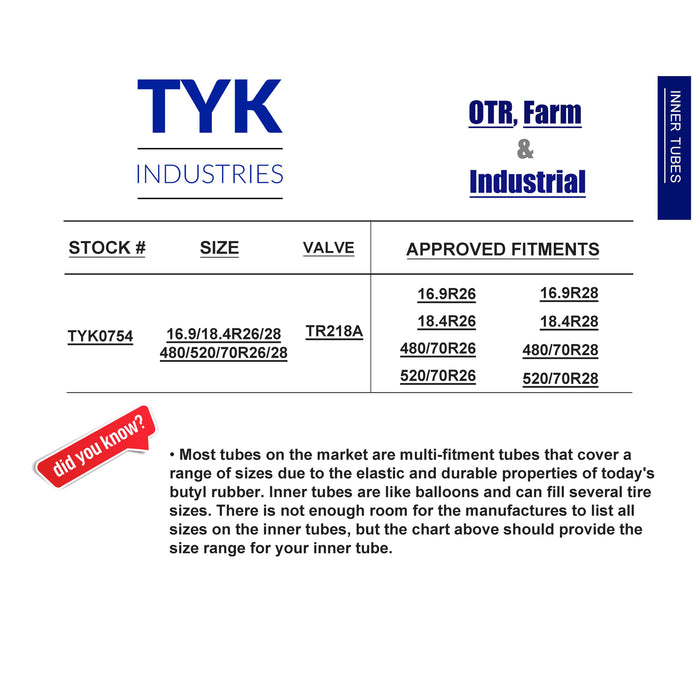 16.9-26, 18.4R26, 420/85R26, 480/70R26, 520/70R26 Tractor Tire Inner Tube with a TR218A Valve Stem for use in Radial or Bias Tires by TYK Industries
