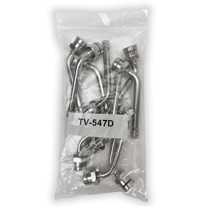 Ten TR547D 60 Degree Bend O-ring 4.7 inchValve Stems. Nickel Plated Brass Clamp-in Valve Stems designed for 22.5 and 24.5 Alcoa Truck and Bus Wheels with 9.7mm (.389 inch) Valve Holes. TV-547D Haltec Valve Stems.