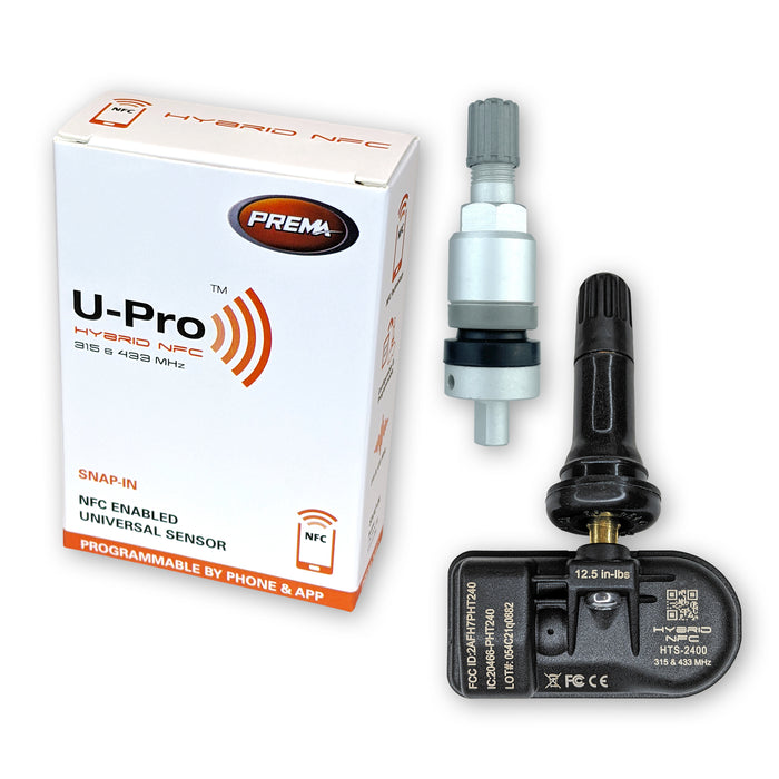 Set of 20 PREMA U-Pro Hybrid NFC TPMS Sensors with Rubber Snap In and Aluminum Clamp In Valve Stems | Universal for Any Vehicle | Programs with Free Smart Phone App!
