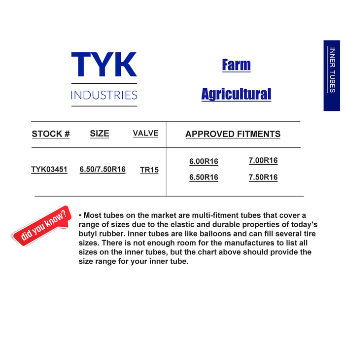 TYK 6.50/7.50R16, 6.50-16, 7.50-16 Farm Tractor Implement Tire Inner Tube with a TR15 Valve Stem