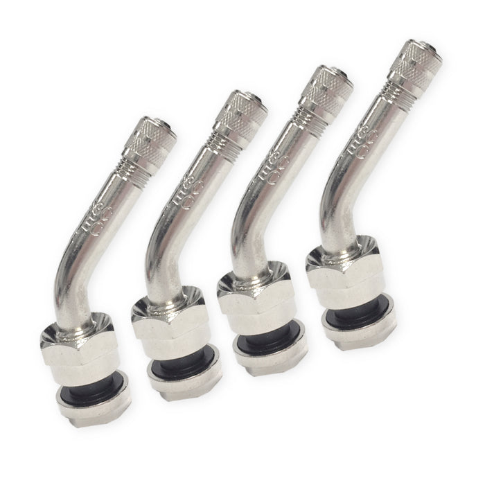 4-Pack of Haltec TPMS-553C 45 Degree Bend Valve Stems with Lower Threads Designed to Accept TPMS Sensors. Nickel Plated Brass Clamp-in Grommet Seal Valve Stems for Wheels with 9.7mm Valve Holes.