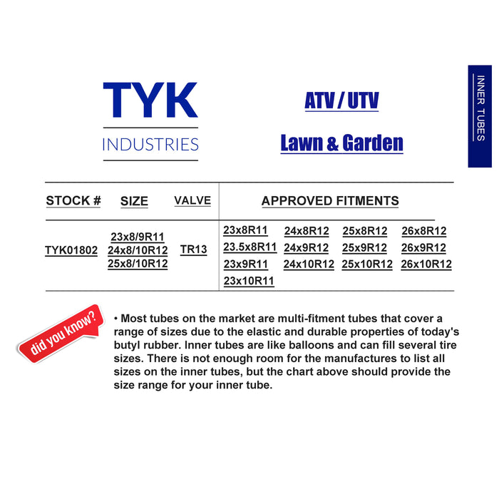 TYK 23x8R11, 23.5x8R11, 23x9R11, 23x10R11 ATV UTV Inner Tube with TR6 Valve Stem