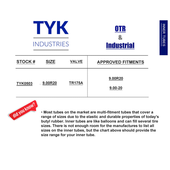 9.00R20, 9.00-20 Commercial Truck Tire Inner Tube with a TR175A Valve Stem for Bias or Radial Tires by TYK Industries