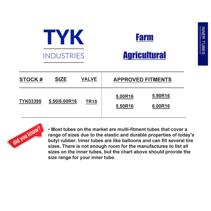 TYK 5.00-16, 5.50-16, 5.90-16, 6.00-16 Farm Tractor Implement Tire Inner Tube with a TR15 Valve Stem