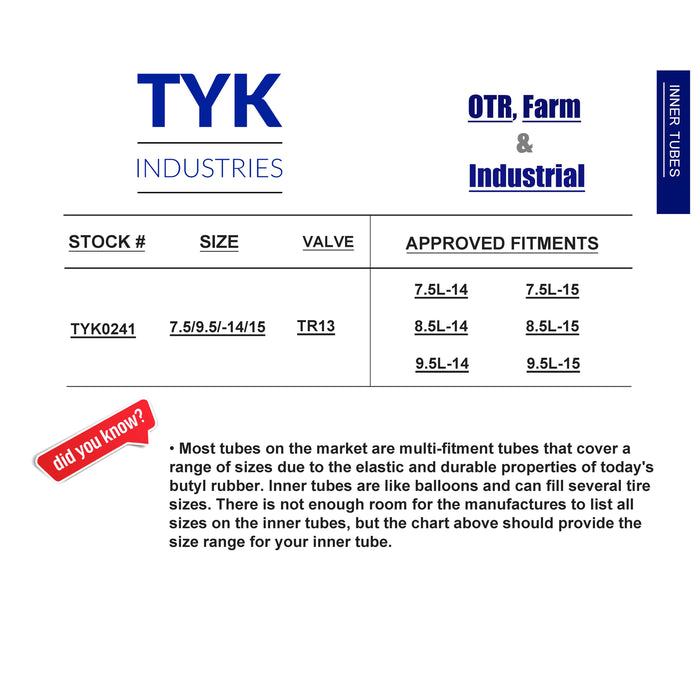 7.5L15, 8.5L14, 9.5L14 Farm Tractor Implement Tire Inner Tube with a TR13 Valve Stem by TYK Industries