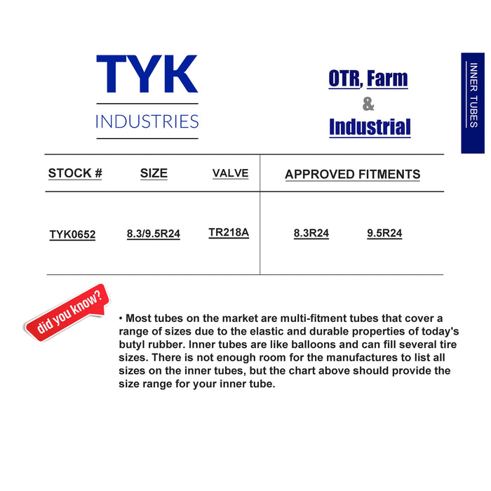 8.3/9.5R24, 8.3-24, 9.5-24 Tractor Tire Inner Tube with a TR218A Valve Stem for use in Radial or Bias Tires by TYK Industries